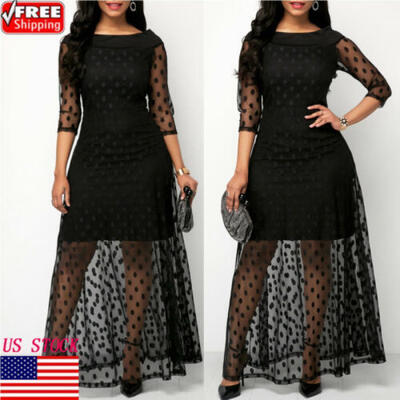 

US Plus Size Three Quarter Sleeve Polka Dot Mesh Boho Women Party Maxi Dress New