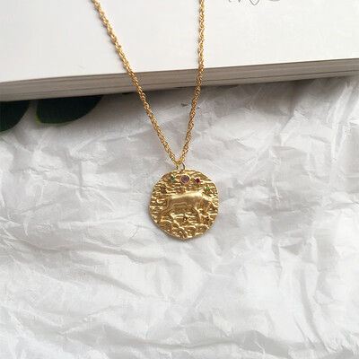 

French Star Zodiac 12 Constellation Coin Necklaces & Pendants Choker embossed dream new retro sweater chain random stone color