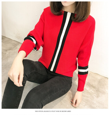 

2018 autumn&winter new Korean version vertical bar color stripe loose show thin sweater female bat sleeve knitted sweater