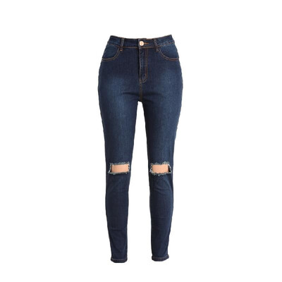 

Women Ripped Jeans Denim Destroyed Holes Zipper Slim Skinny Pants Pencil Trousers Tights Dark Blue