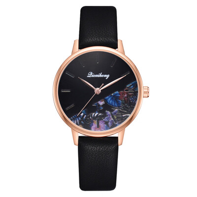 

Fashion Women Watches Monochrome Flower Dial Ladies Analog Quartz Wristwatch Casual Leather Strap Clock Dress Montre Femme