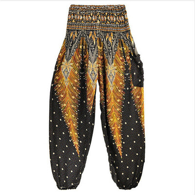 

NeillieN Outdoor Yoga Pants Printed Loose Thin Bohemia Lantern Pants Thailand Peacock High Waist Sports Pants with Pocket