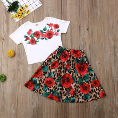 

US Toddler Kids Baby Girl Clothes Flower Tops Leopard Dress Summer Outfits Set