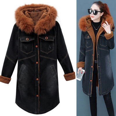 

Toponeto Winter Warm Women Long Sleeve Denim Jacket Hooded Long Coat Outwear Overcoat