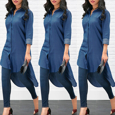 

Womens Blue Jeans Denim T-Shirt Long Sleeve Casual Loose Shirt Jeans
