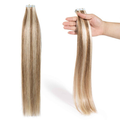 

Tape in Human Hair Extensions Highlight Balayage Long Straight Seamless Skin Weft Glue in Hairpieces Invisible Double Sided Tape