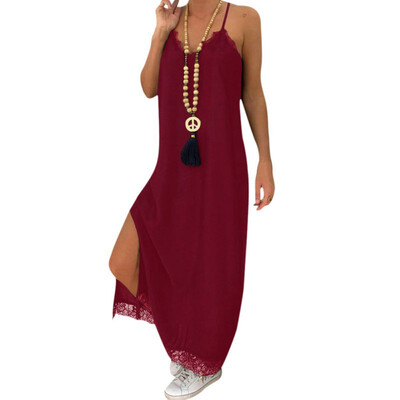 

Women Summer V Collar Sexy Open Back Slim Lace Loose Casual High Waist Solid Color Sling Dress