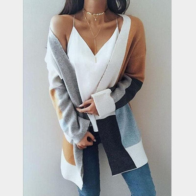 

2018 Europe&the United States new Amazon AliExpress explosion models hit color long-sleeved loose sweater cardigan wis Khaki X