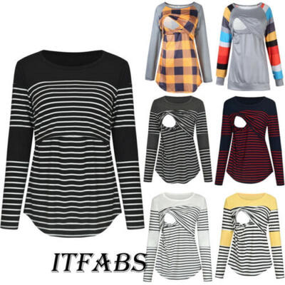 

Womens Pregnant Maternity Clothes Nursing Tops Breastfeeding Striped T-Shirt UK