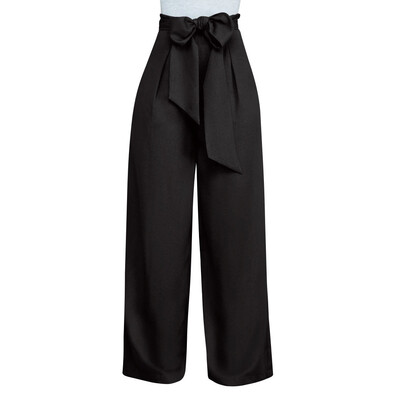 

Womens Ladies Palazzo Wide Leg Trousers High Waist Lace Up Loose Culottes Pants