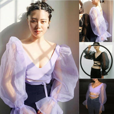 

US Women Cropped Tops Sheer Tee Casual T-shirts Mesh Puff Sleeve Blouse Crop Top