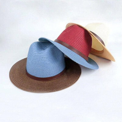 

Korean Fashion Fedora Hat Leather Belt Color Block Panama Hat Beach Sun Straw Hat Unisex Blue&CoffeeRed&BlueBeige&Khaki