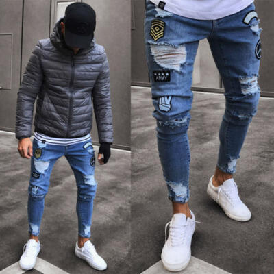 

US STOCK Men Stretchy Ripped Skinny Jeans Destroyed Jeans Slim Fit Denim Pants