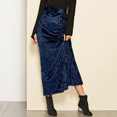 

Gobestart Womens Fashion High Waist Solid Elegant Gold Velvet Split Long Skirt