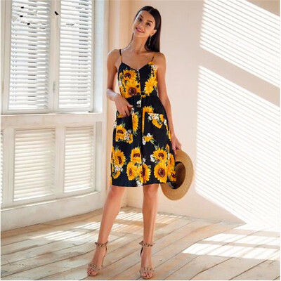 

Strap v neck summer dress women Sunflower print backless casual dress vestidos Smocking high waist midi dress female