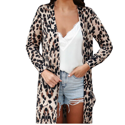 

Toponeto Women Leopard Long Sleeve Pullover Blouse Open Front Jacket Coat Long Outerwear