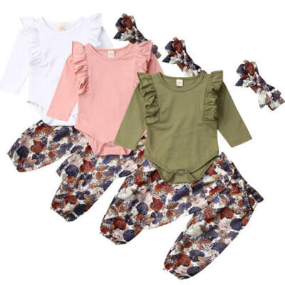 

US Stock Newborn Kid Baby Girls Long Sleeve Romper Flower Pants Headband Outfit