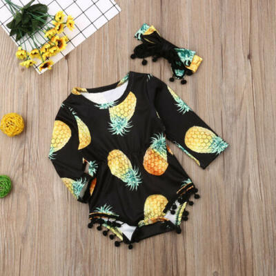 

US Toddler Baby Girl Pineapple Long Sleeve Jumpsuit Romper Headband Clothes 2PCS