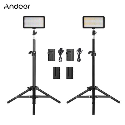 

Andoer LED Video Light Kit include 2pcs W228 3200K6000K Bi-Color Dimmable LED Video Light2pcs Max 72cm Light Stand2pcs 74V 22