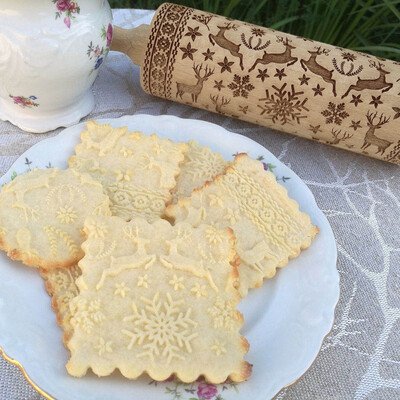 

Gobestart Christmas Rolling Pin Engraved Carved Wood Embossed Rolling Pin Kitchen Tool