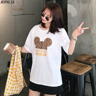 

Womens Round Neck Cartoon Print Bronzing Letters Short Sleeve T-Shirt Korean Style Pullover T-Shirts
