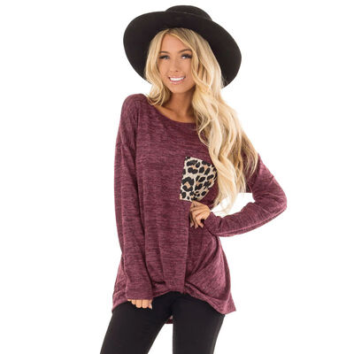 

Women Autumn Concise Casual Solid Color Leopard Pocket Tops Sweater