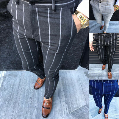

Mens England Retro Dress Pants Formal Plaid Stripe Pants Casual Trouser