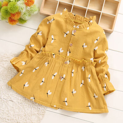

Spring Kids Girls Casual Long Sleeve Dress Costume Baby Dragonfly Pattern Children Cotton Dresses