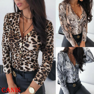 Womens Sexy Blouse Long Sleeve Deep V-neck Tops Bodycon Snakeskin Leopard Tops