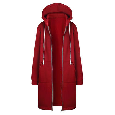 

Winter Women Long Hoodie Coat Casual Pockets Zipper Outerwear Hooded Jacket