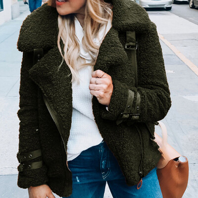 

Women Coat Outwear Autumn Winter Warm Lapel Collar Long Sleeve Zipper Motorcycle