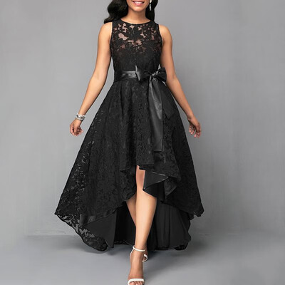 

New Women Lace Maxi Dress Sleeveless High Low Belted Irregular Swing Long Dress BurgundyDark BlueBlack