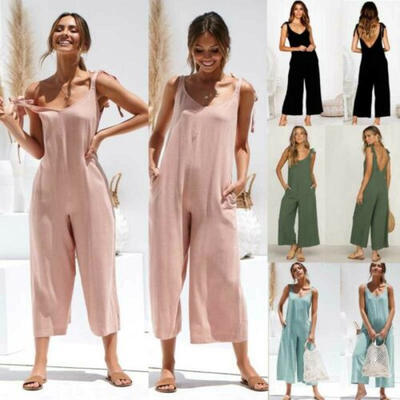 

UK Womens Casual Loose Linen Baggy Jumpsuit Dungarees Playsuit Trousers Overalls