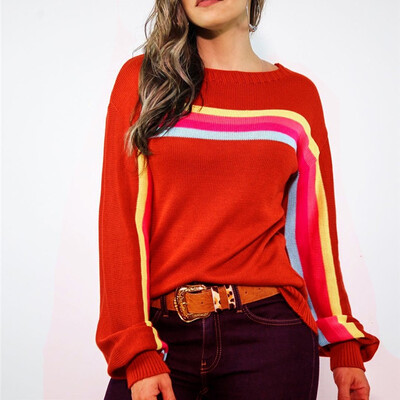

Tailored Womens Casual Long Sleeve Crewneck Multi Color Striped Knitted Pullover Sweater