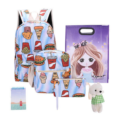 

7pcsSet Unisex Food Print Canvas Backpacks Travel Stationery Shoulder Bags