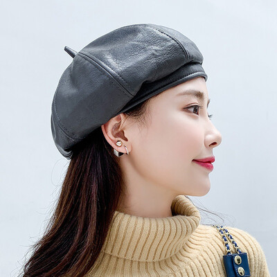 

Korean autumn&winter new bud hat female black beret PU Leather Vintage pumpkin painter hat wholesale