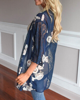 

New Women Chiffon Kimono Cardigan Floral Print Hollow Out Loose Outerwear Beachwear Bikini Cover Up Blue