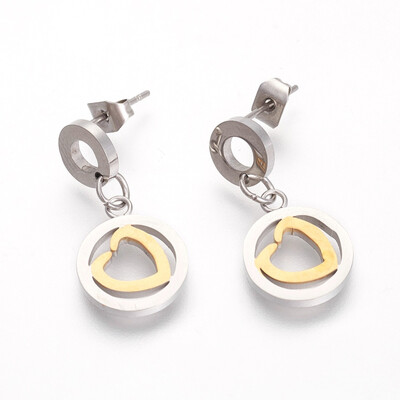 

304 Stainless Steel Dangle Earrings Flat Round with Heart Golden & Stainless Steel Color 24mm Pin 06mm Charms 145x115x1m