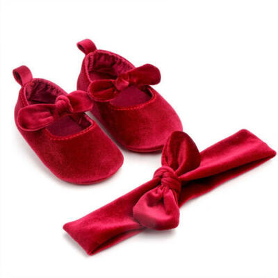 

Cute Newborn Baby Girl Gold Velvet Toddler First Walkers Kid ShoesHairband