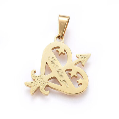 

304 Stainless Steel Pendants Heart with Arrow & Word Golden 25x225x12mm Hole 8x4mm