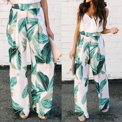 

Tropical Leaves Printed Women Summer Beach Loose Trousers Casual Long Pants