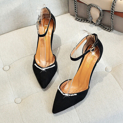 

Rose Women Thin Heels Nude Pointed Toe Imitation Diamond Ankle Strap High Heels Shoes