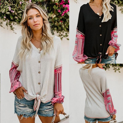 

Amazon AliExpress explosion cross-border 2018 Europe&America V-neck stitching long-sleeved shirt womens T-shirt hot SU1241 gr