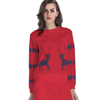 

Women Christmas Long Sleeve Plus Velvet Round Neck Sweatshirt Winter Fashion Casual Deer Printed Pullover 3 Colors