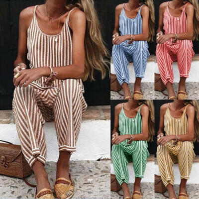 

Womens V Neck Striped Jumpsuit Romper Casual Clubwear Wide Leg Pants Outfits