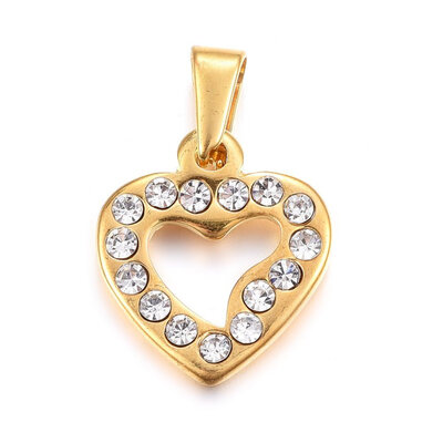 

304 Stainless Steel Pendants Large Hole Pendants with Rhinestone Heart Crystal Golden 185x16x25mm Hole 6x35mm