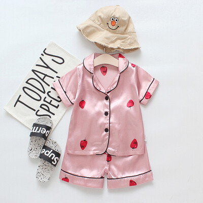 

Baby Kids Boys Girls Strawberry Print Outfits Short Sleeve Blouse TopsShorts Sleepwear Pajamas Set