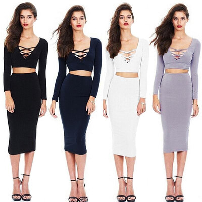 

Sexy Women Two-piece Dress Crossing Lace Up Deep V Neck Long Sleeve Tops Bodycon Mini Pencil Skirt