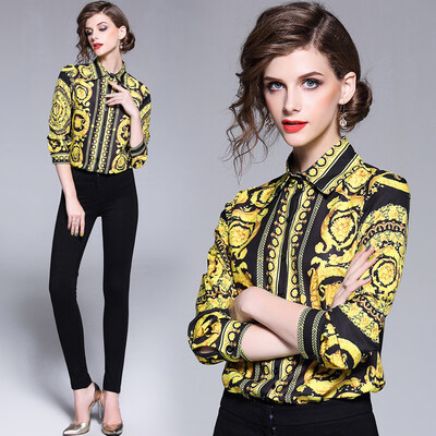 

DFYOP New Style Womens Prints Long Sleeves Gowns Lapel Shirt
