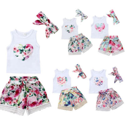 

UK Toddler Baby Girl Clothes Floral TopShorts Pants Outfit Sunsuit Headband Set
